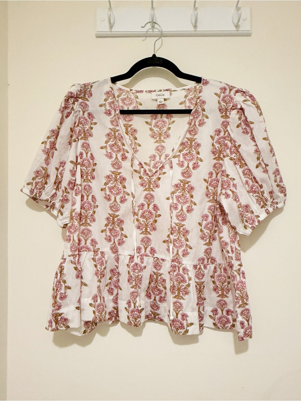 CeCe White Pink Floral Peplum V-Neck Blouse